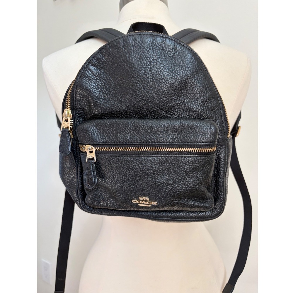 Coach Mini Charlie Backpack Black Pebbled Leather Gold Hardware F38263 Chic